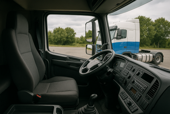 Cabine de camion grand routier, siège suspendu et rangements, confort conducteur au quotidien