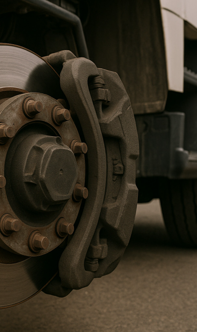 Étrier de frein poids lourd en gros plan, contrôle usure plaquettes et état du disque