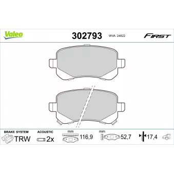 Jeu de 4 plaquettes de frein arrière VALEO 302793 pour DODGE JOURNEY 2.4 ECO+ - 170cv