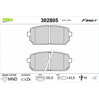 Jeu de 4 plaquettes de frein arrière VALEO 302805 pour KIA CARENS 1.6 CVVT - 126cv