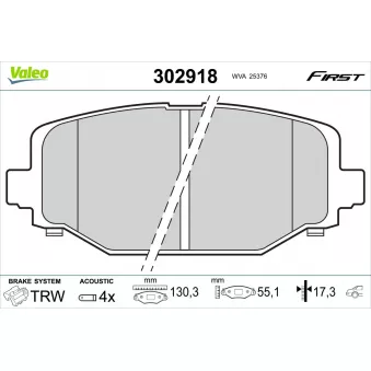 Jeu de 4 plaquettes de frein arrière VALEO 302918 pour DODGE JOURNEY 2.4 ECO+ - 170cv