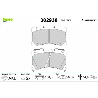 Jeu de 4 plaquettes de frein avant VALEO 302938 pour TOYOTA YARIS 1.6 GR 4WD - 261cv