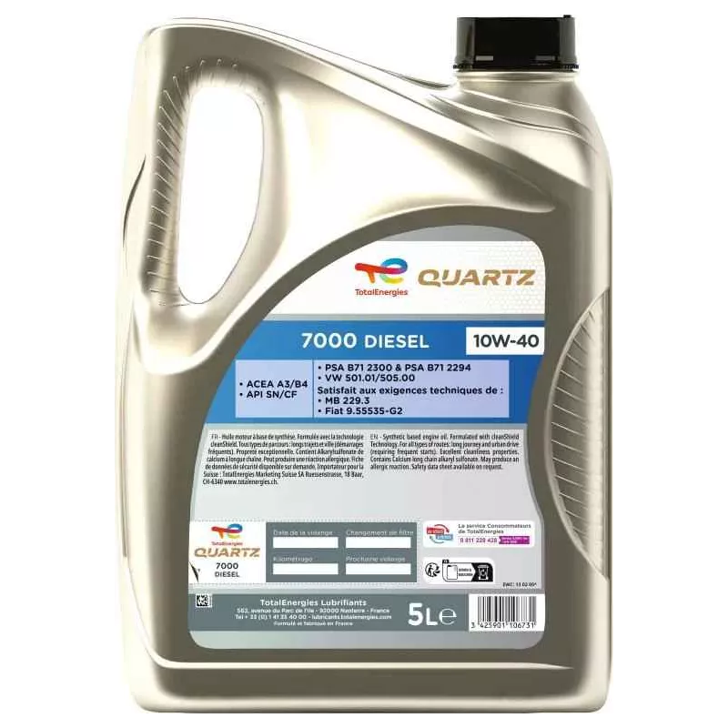 Huile moteur 10W40 QUARTZ 7000 DIESEL - 5L TotalEnergies 216284 - Visuel 1