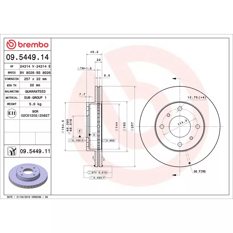 Jeu de 2 disques de frein avant BREMBO 09.5449.11 - Visuel 1