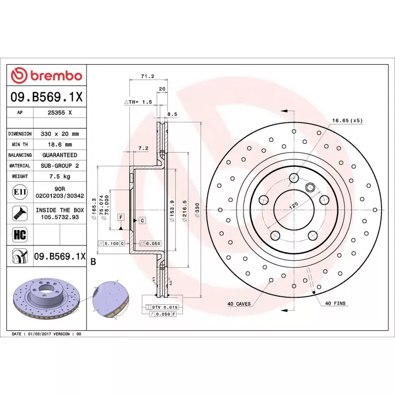 Jeu de 2 disques de frein arrière BREMBO 09.B569.1X - Visuel 1
