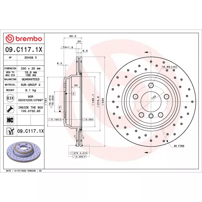 Jeu de 2 disques de frein arrière BREMBO 09.C117.1X - Visuel 1