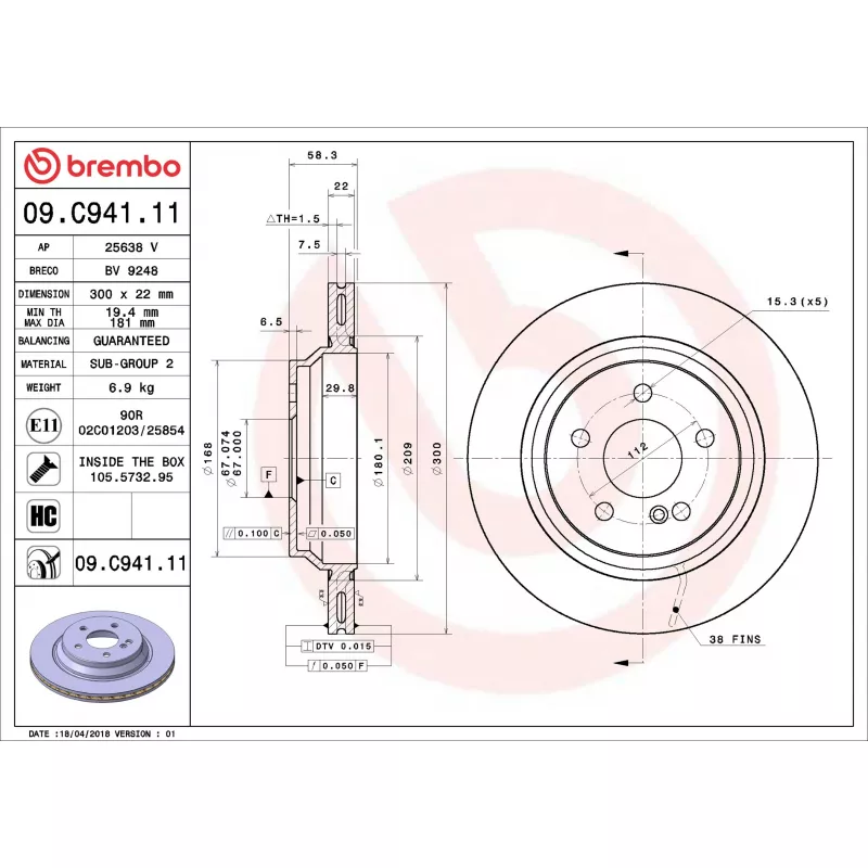 Jeu de 2 disques de frein arrière BREMBO 09.C941.11 - Visuel 1