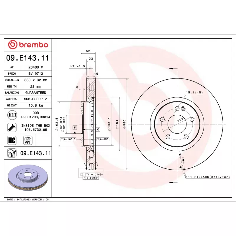 Jeu de 2 disques de frein avant BREMBO 09.E143.11 - Visuel 1