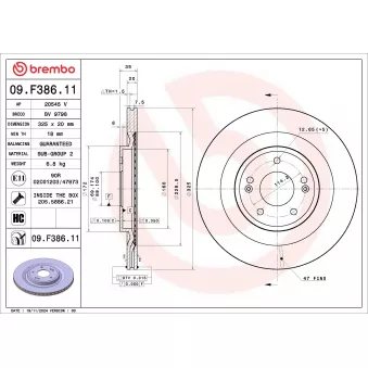 Jeu de 2 disques de frein avant BREMBO 09.F386.11 pour VOLVO V40 1,6 T-GDI Plug-in-Hybrid HTRAC - 265cv