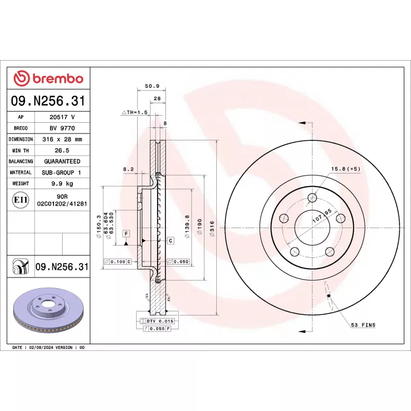 Disque de frein arrière BREMBO 09.N256.31 - Visuel 1