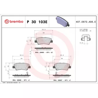Jeu de 4 plaquettes de frein arrière BREMBO P 30 103E pour HYUNDAI IONIQ Electric - 136cv