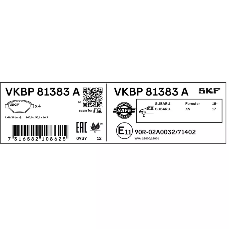 Jeu de 4 plaquettes de frein avant SKF VKBP 81383 A - Visuel 2