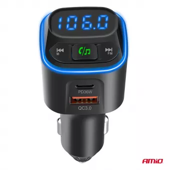 Transmetteur voiture FM microSD 1×USB-A 2×USB-C 12V 24V - AMIO [04651]