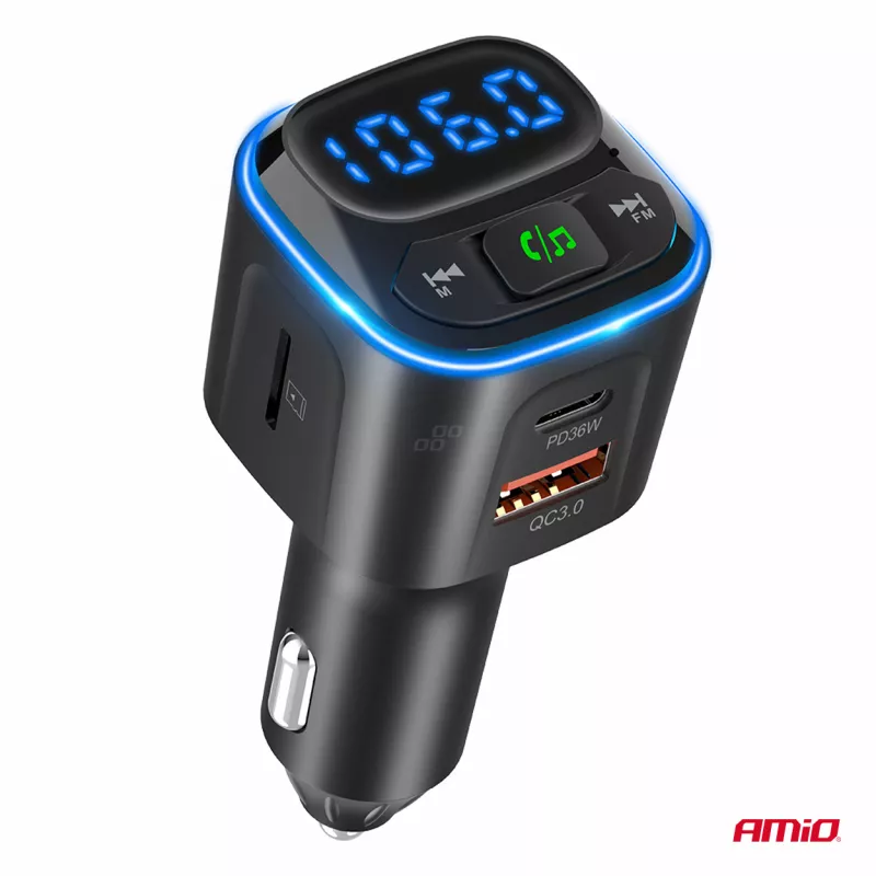 Transmetteur voiture FM microSD 1×USB-A 2×USB-C 12V 24V - AMIO 04651 - Visuel 1