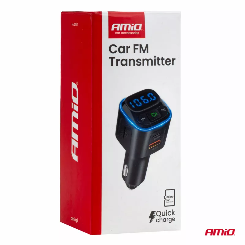 Transmetteur voiture FM microSD 1×USB-A 2×USB-C 12V 24V - AMIO 04651 - Visuel 2