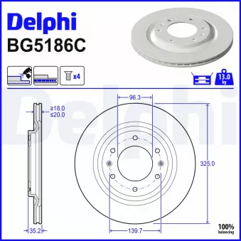 Jeu de 2 disques de frein arrière DELPHI BG5186C pour HYUNDAI STARIA 2,2 CRDi - 177cv