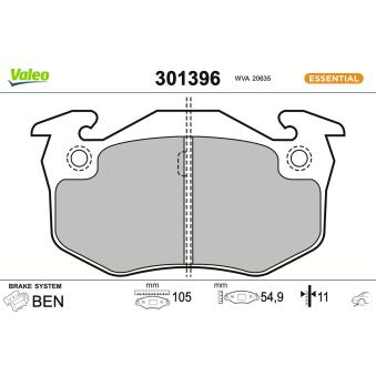 Jeu de 4 plaquettes de frein arrière VALEO 301396 pour RENAULT CLIO 1.8 16V - 135cv
