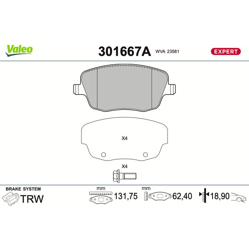 Jeu de 4 plaquettes de frein avant VALEO 301667A - Visuel 1