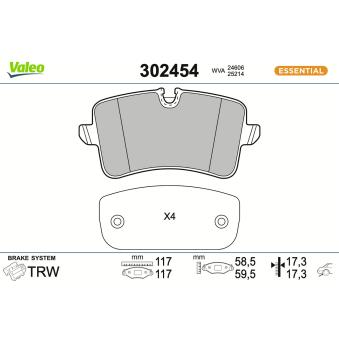 Jeu de 4 plaquettes de frein arrière VALEO 302454 pour FORD KUGA 3.0 TFSI quattro - 310cv