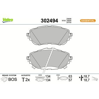 Jeu de 4 plaquettes de frein avant VALEO 302494 pour TOYOTA AURIS 1.4 D-4D - 90cv