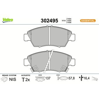 Jeu de 4 plaquettes de frein avant VALEO 302495 pour HONDA CIVIC 1.6 i VTEC - 125cv
