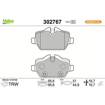 Jeu de 4 plaquettes de frein arrière VALEO 302767 pour DODGE NITRO Cooper S - 184cv