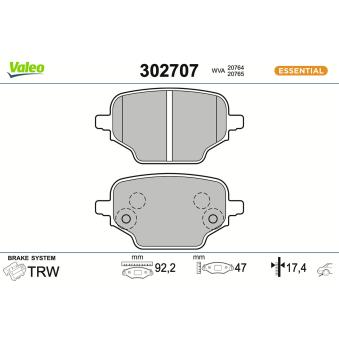 Jeu de 4 plaquettes de frein arrière VALEO 302707 pour CHRYSLER PACIFICA PureTech 110 - 110cv