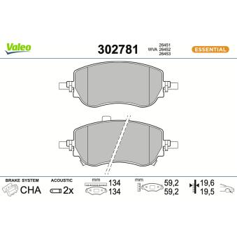 Jeu de 4 plaquettes de frein avant VALEO 302781 pour FIAT 500e Elektro - 118cv