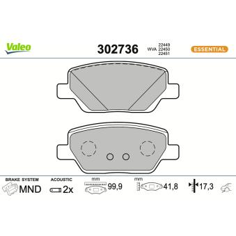Jeu de 4 plaquettes de frein arrière VALEO 302736 pour FIAT TIPO 1.0 - 101cv