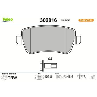 Jeu de 4 plaquettes de frein arrière VALEO OEM 77363607