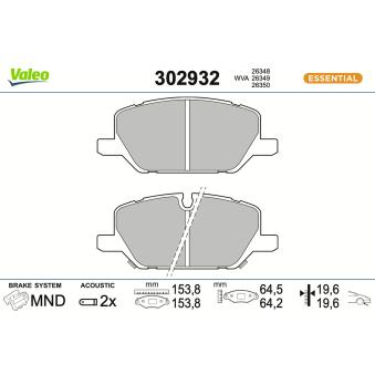 Jeu de 4 plaquettes de frein avant VALEO 302932 pour OPEL INSIGNIA 1.5 - 165cv
