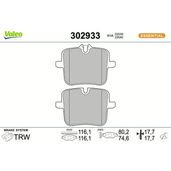 Jeu de 4 plaquettes de frein arrière VALEO 302933 pour OPEL INSIGNIA M5 M xDrive - 600cv