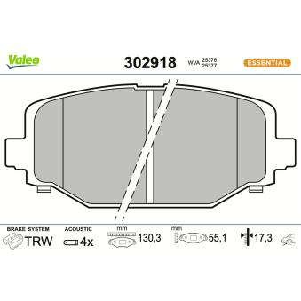 Jeu de 4 plaquettes de frein arrière VALEO 302918 pour DODGE JOURNEY 3.6 FlexFuel Traction intégrale - 287cv