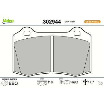 Jeu de 4 plaquettes de frein arrière VALEO 302944 pour PEUGEOT 208 1.2 PureTech 82 - 82cv