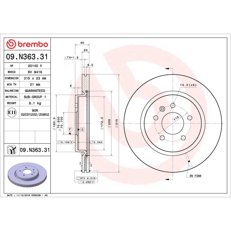 Jeu de 2 disques de frein arrière BREMBO 09.N363.31 - Visuel 1