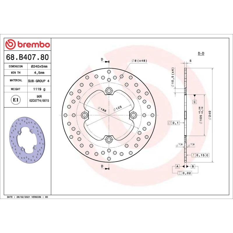 Disque de frein arrière BREMBO 68B40780 - Visuel 1
