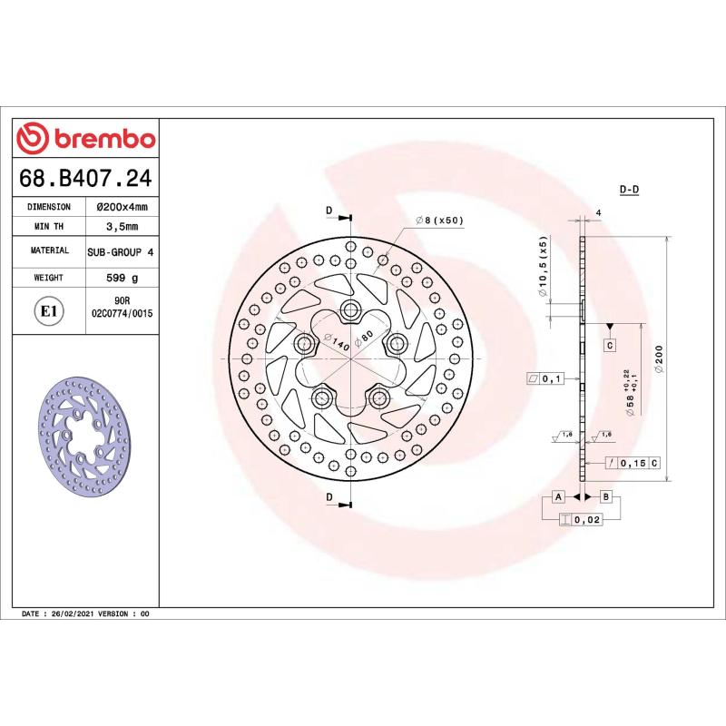 Disque de frein arrière BREMBO 68B40724 - Visuel 1