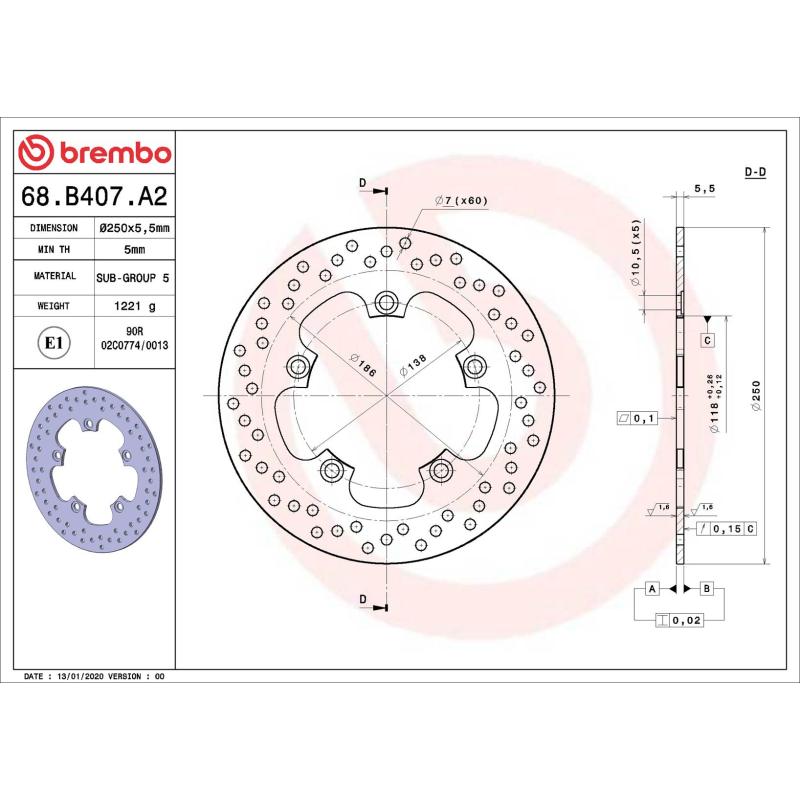 Disque de frein arrière BREMBO 68B407A2 - Visuel 1