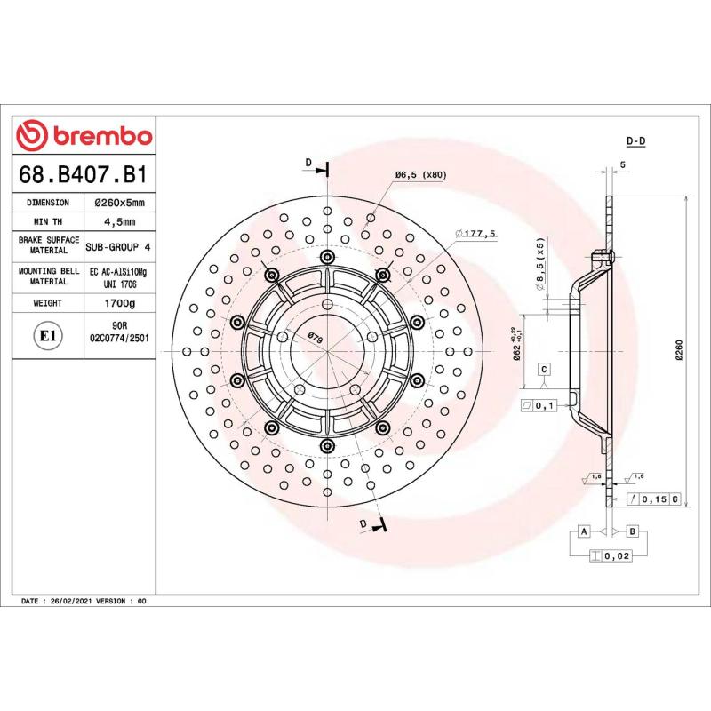 Disque de frein arrière BREMBO 68B407B1 - Visuel 1