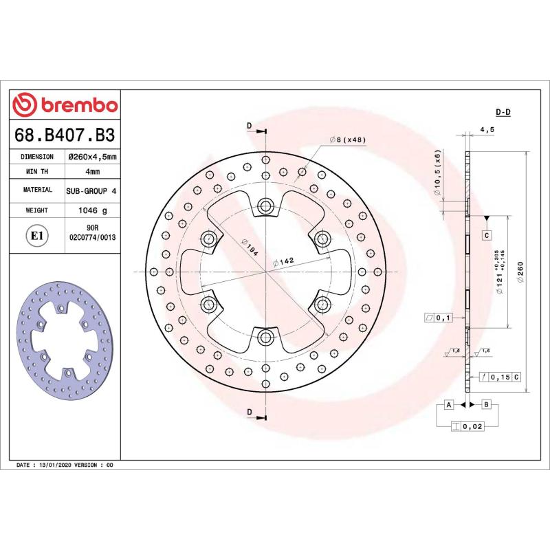Disque de frein arrière BREMBO 68B407B3 - Visuel 1