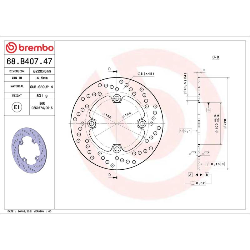 Disque de frein arrière BREMBO 68B40747 - Visuel 1