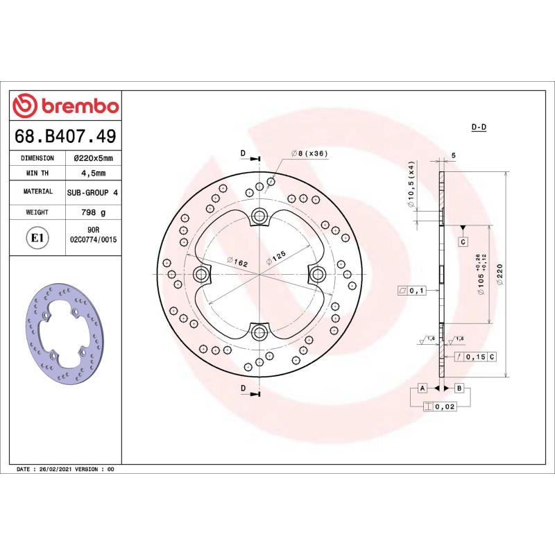 Disque de frein arrière BREMBO 68B40749 - Visuel 1