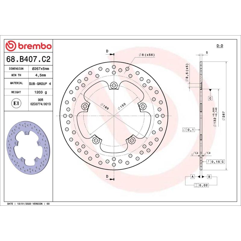 Disque de frein arrière BREMBO 68B407C2 - Visuel 1