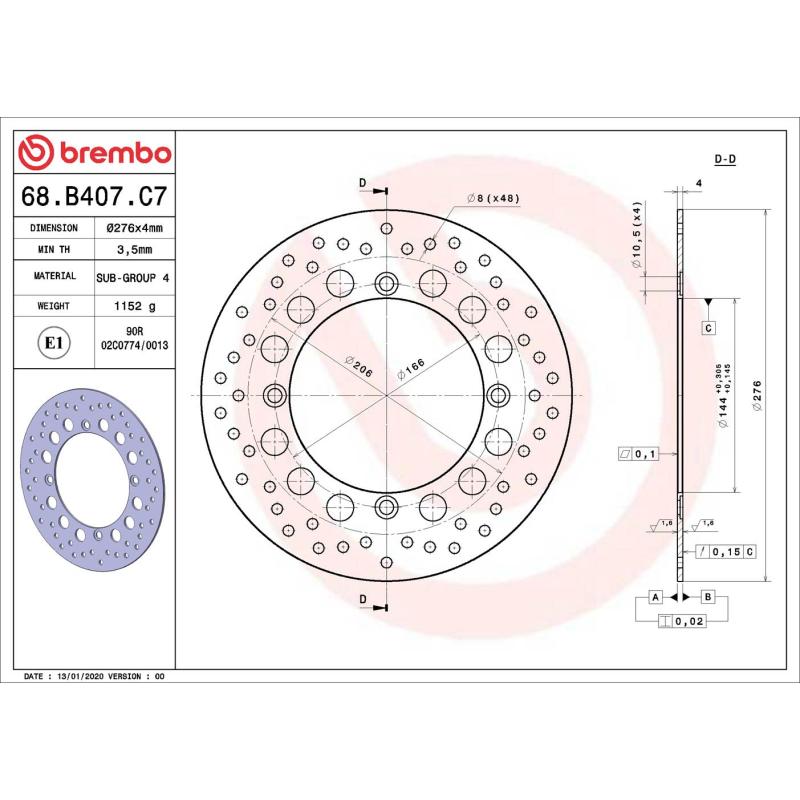 Disque de frein arrière BREMBO 68B407C7 - Visuel 1