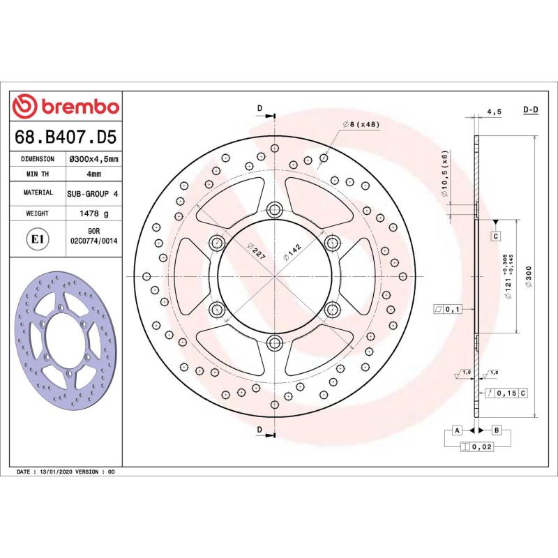 Disque de frein arrière BREMBO 68B407D5 - Visuel 1