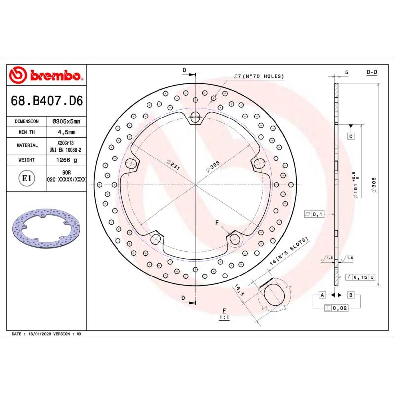 Disque de frein arrière BREMBO 68B407D6 - Visuel 1