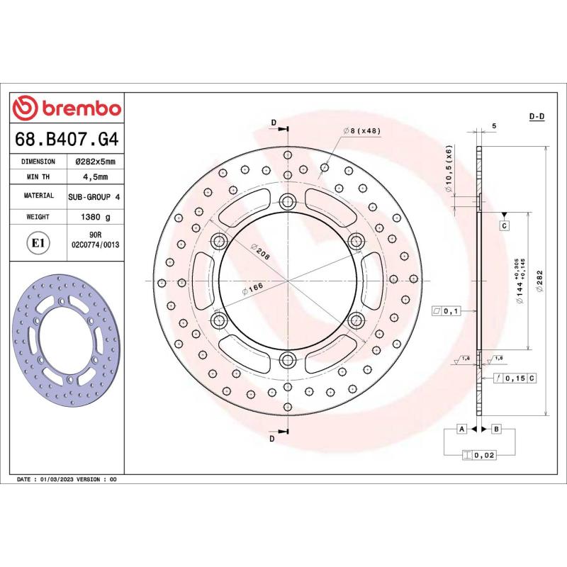 Disque de frein arrière BREMBO 68B407G4 - Visuel 1
