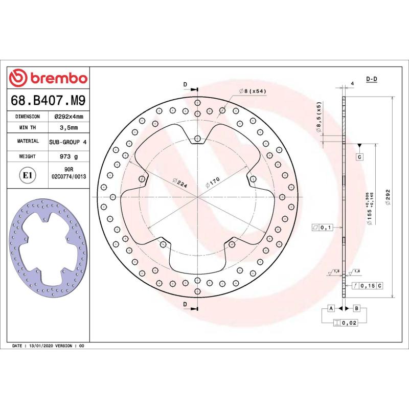 Disque de frein arrière BREMBO 68B407M9 - Visuel 1