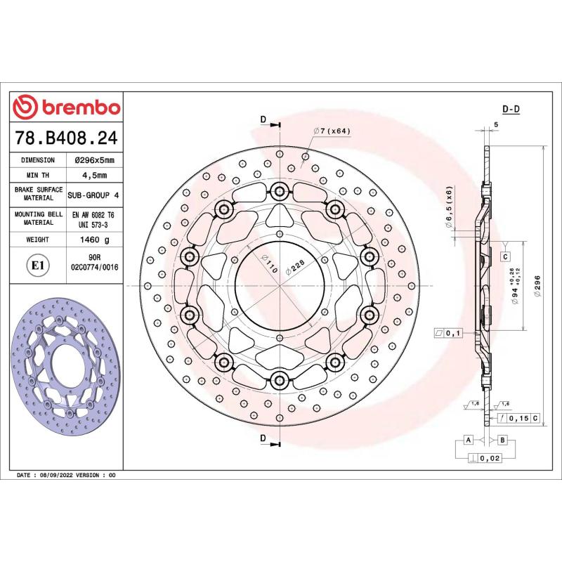 Disque de frein arrière BREMBO 78B40824 - Visuel 1