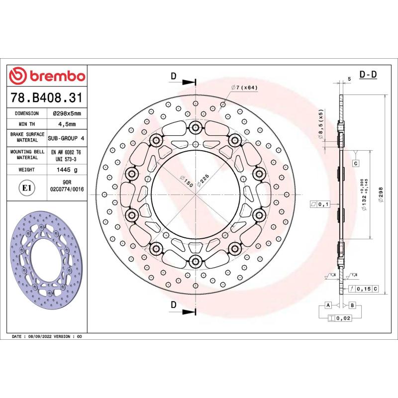 Disque de frein arrière BREMBO 78B40831 - Visuel 1